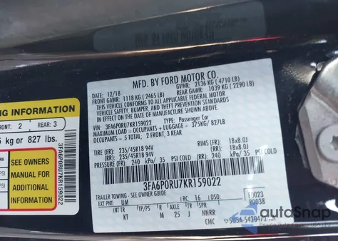 2019 Ford Fusion Hybrid Titanium from USA, damaged, VIN 3FA6P0RU7KR159022